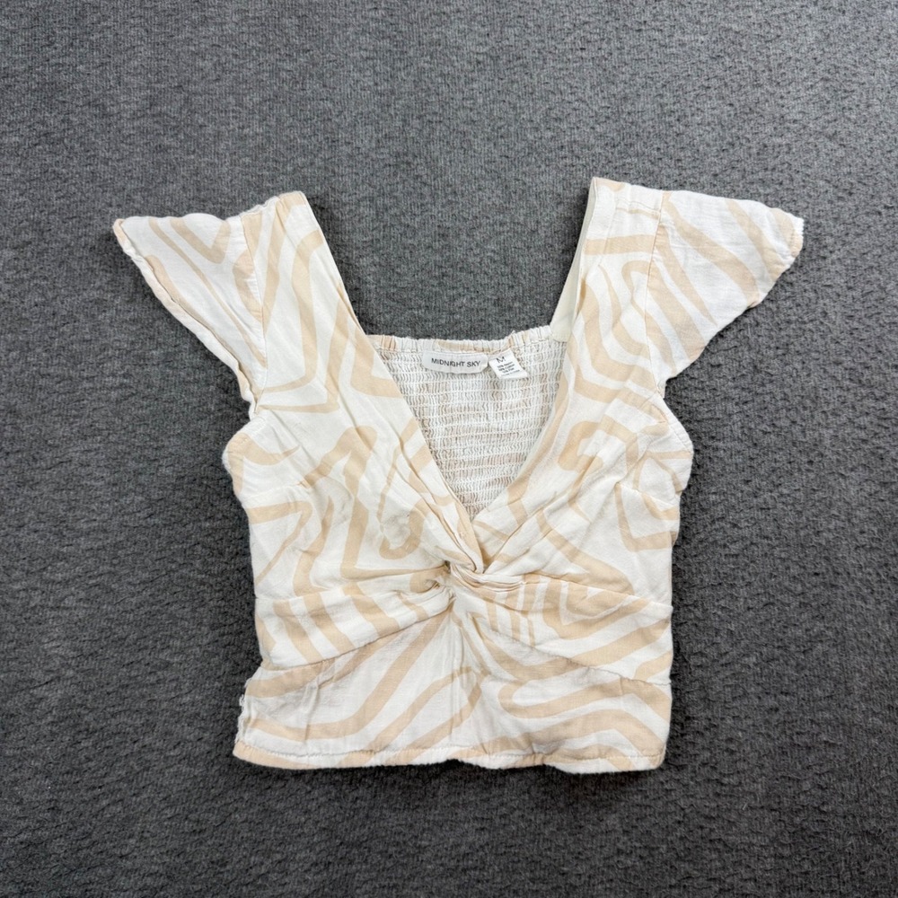 Midnight Sky Crop Top Women Medium's Tan White Zebra Print Twist Front Smocked
